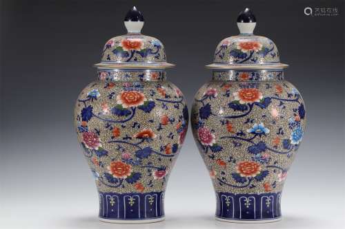A PAIR OF Blue and White PASTEL FLOWER PATTERN COVER JARS