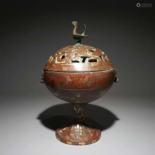 A BRONZE INLAYING GOLD AND SILVER INCENSE BURNER WITH BEAST ...