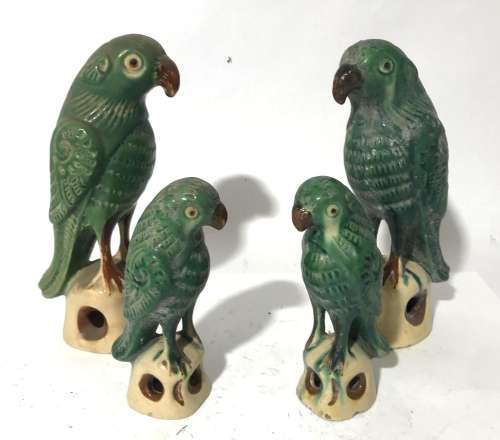Two Pairs of Chinese Green Glazed Ceramic Parrots