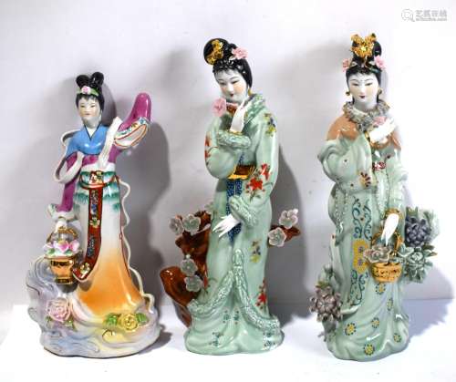 Three Chinese Glazed Porcelain Figurines featuring Two of Gr...