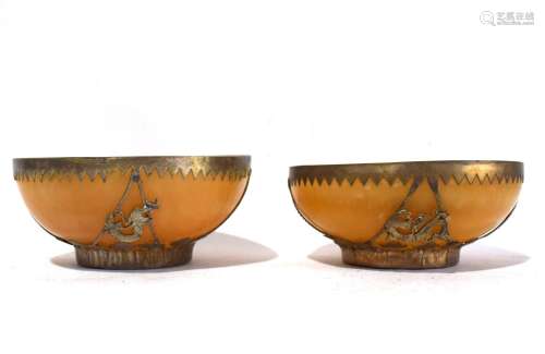 Two Chinese Stone Bowls with Silver Alloy Mounting Decorated...
