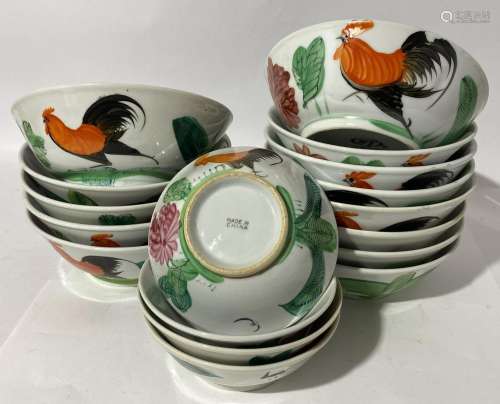 Six Large Chinese Hand Painted Chicken Bowls, Seven Smaller ...