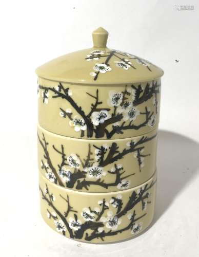 A Chinese Three Tiered Glazed Ceramic Covered Circular Box