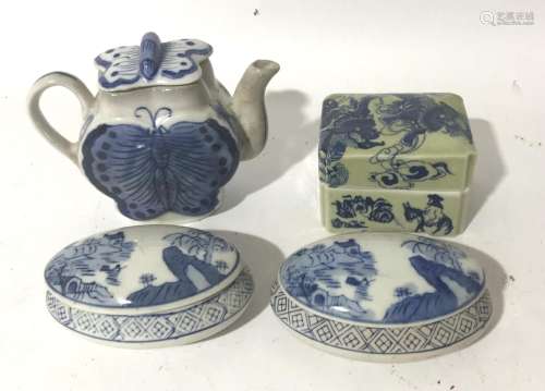 A Chinese Blue & White Teapot, Three Covered Boxes
