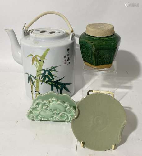 A Chinese Green Glazed Ginger Jar, A Celadon Glazed Saucer, ...