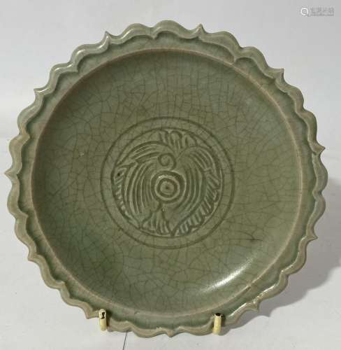 A Celadon Glazed Scalloped Edged Plate on Timber Stand
