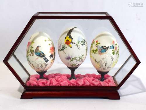 Three Chinese Egg Painted with Birds & Flowers in Glass ...