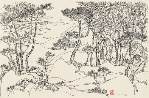 吴冠中（1919～2010） 1976年作 松林与海港 纸本 素描