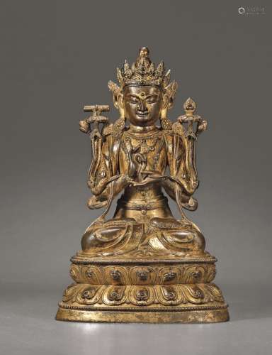 元-明 铜鎏金“钱塘陈彦清造”款地藏菩萨坐像