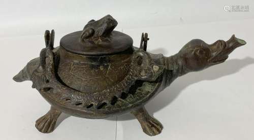A Cast Bronze Turtle Form Tetsubin, Dragon Swing Handle &...
