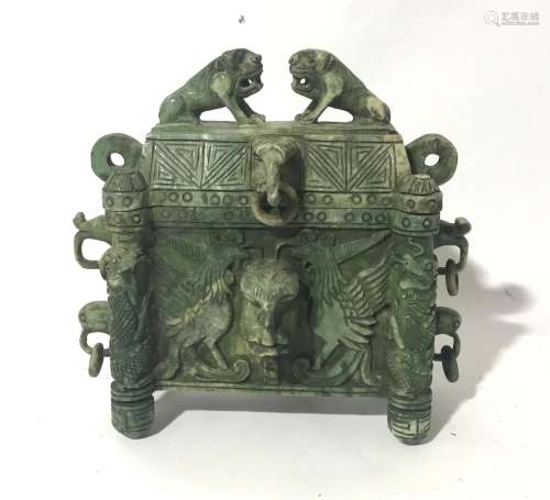 A Chinese Archaic Green Finished Hardstone Rectangular Cover...