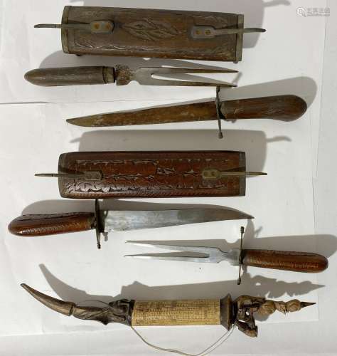 Two Indonesian Carved Timber Cased Carving Knives & Fork...