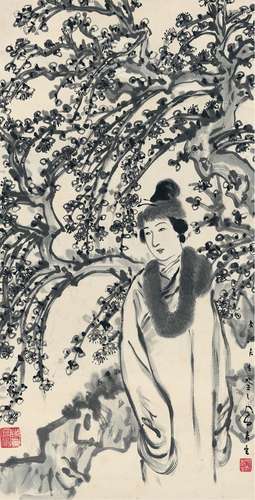 吕凤子（1886～1959） 冬梅仕女图 立轴 水墨纸本