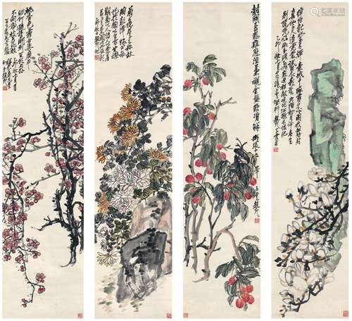 赵云壑（1874～1955） 1915年作 四时花鸟屏 四屏 设色纸本