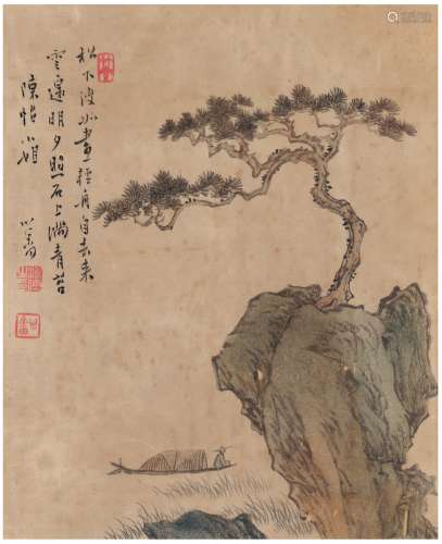 溥儒（1896～1963） 为陈怡作 松下泛舟图 镜片 设色纸本