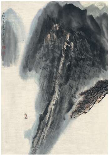 何海霞（1908～1998） 1985年作 江峰帆影图 镜片 设色纸本
