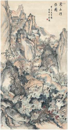 白蕉（1907～1969）吴曼青（1904～?） 深山行旅图 立轴 设色纸本