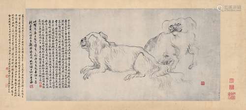 陆恢（1851～1920） 为庞来臣所畜双犬写照 镜片 水墨纸本