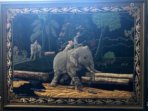 A Large Burmese Kalaga, Elephants Working, Applique Relief M...