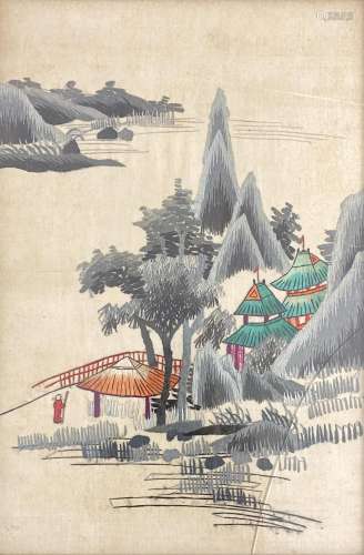 Chinese School , (20th Century), Temple by the River, Embroi...