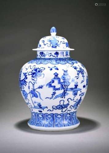 A Chinese blue and white jar and cover, Kangxi six-character...