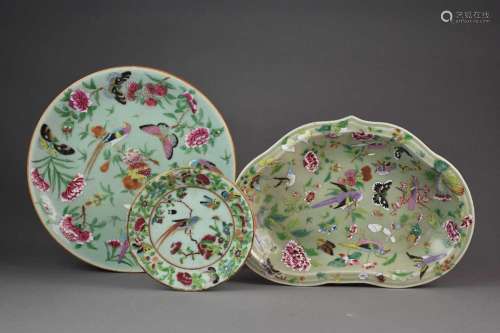 Three Chinese celadon famille rose dessert dishes