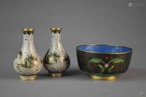 A pair of small Chinese cloisonne vases and a small bowl