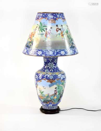 A Chinese enamelled table lamp and shade, 20th century
