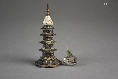A Chinese silver pepperette and a miniture ship