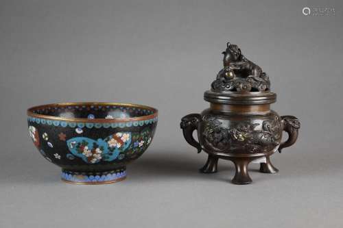 A Japanese bronze koro and a cloisonne dish