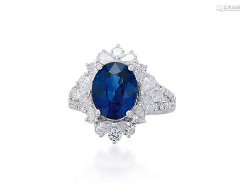 3.09卡拉「斯里蘭卡」藍寶石配鑽石戒指鑲18K白金 附GRS證書
