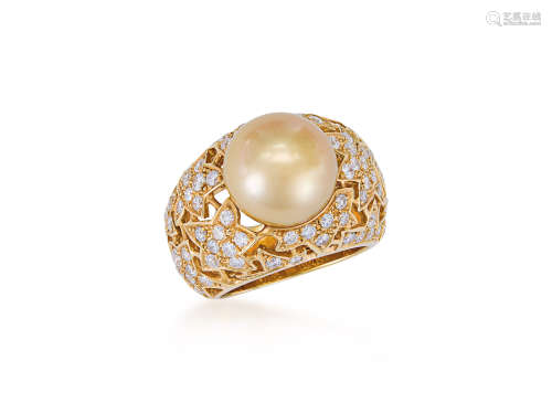 金珍珠配鑽石戒指鑲18K黃金