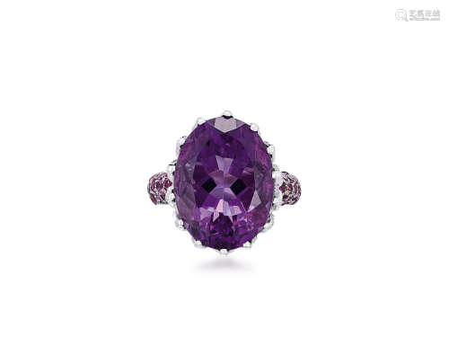 紫水晶配鑽石戒指鑲18K白金