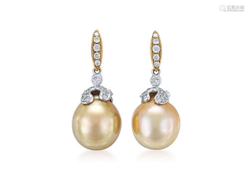 金珍珠配鑽石耳環鑲18K黃白金(2)