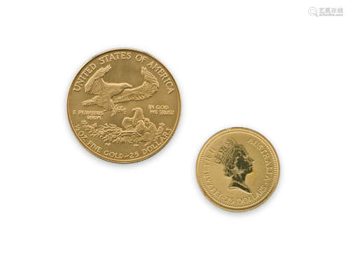 1989年美國25元金幣約重1/2 安士及澳州1/4安士金章