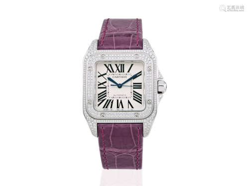卡地亞 Santos 100 18K 白金鑽石自動皮帶腕錶 直徑：33 毫米