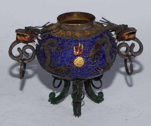 A Chinese silver and enamel tripod censer, decorated in poly...