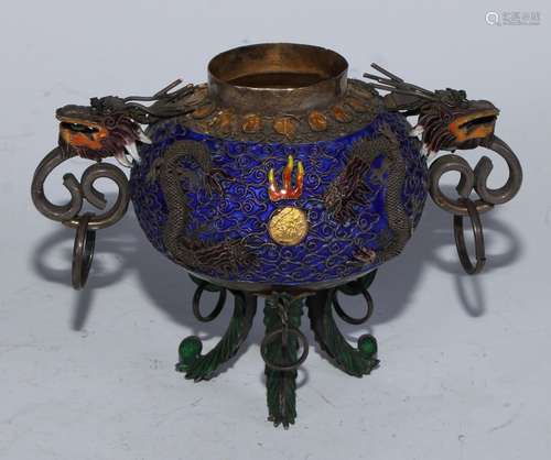 A Chinese silver and enamel tripod censer, decorated in poly...