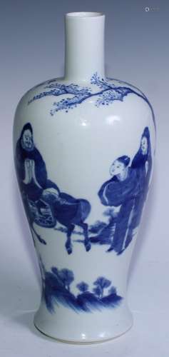 A Chinese blue and white inverted baluster bottle vase, pain...