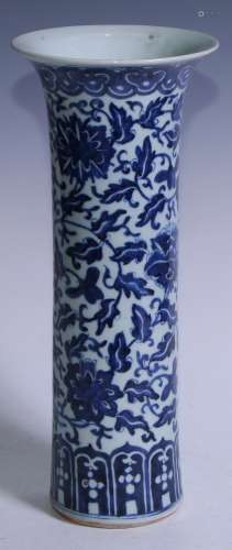 A Chinese blue and white sleeve vase, painted in tones of un...