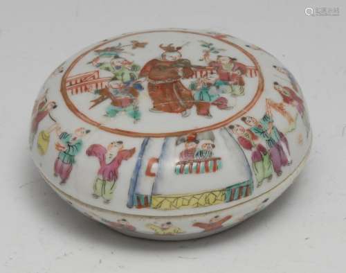 A Chinese bun shaped box and cover, painted in polychrome wi...