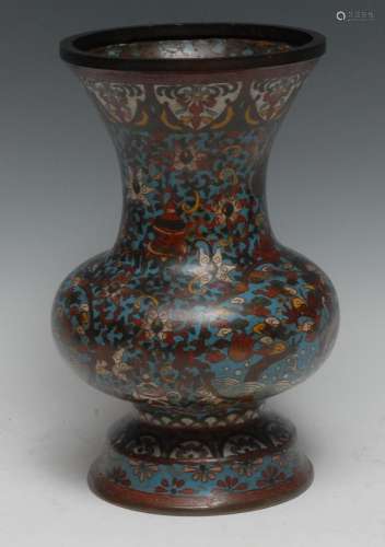 A Chinese cloisonne enamel baluster vase, decorated in polyc...