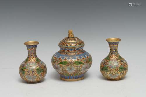 A Chinese cloisonne enamel garniture, of small proportions, ...