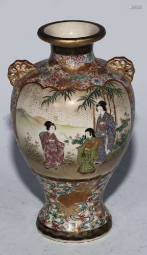 A Japanese Satsuma ovoid vase, painted with geishas, the ver...