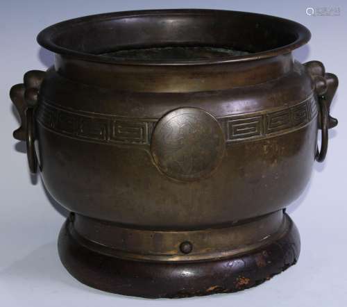 A large Chinese bronze censer, everted rim above a band of t...