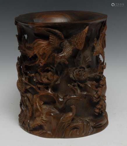 A large Chinese scholars bitong brush pot, well-carved in re...