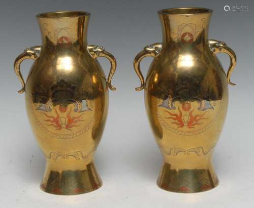 A pair of Chinese bronze ovoid vases, inlaid in silver and m...