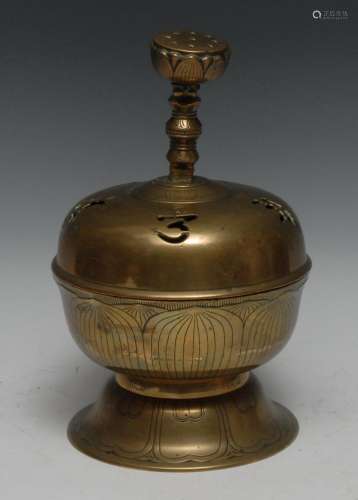 A Sinai-Tibetan bronze incense burner and cover, lotus finia...