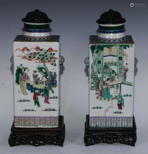 A pair of Chinese square vases, painted in polychrome in the...