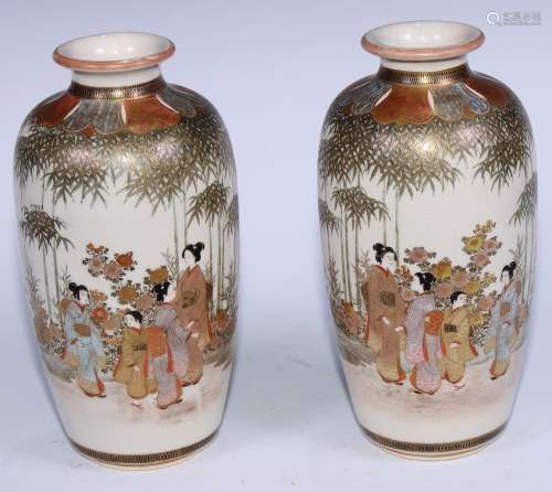A pair of Japanese ovoid Satsuma vases painted with figures ...